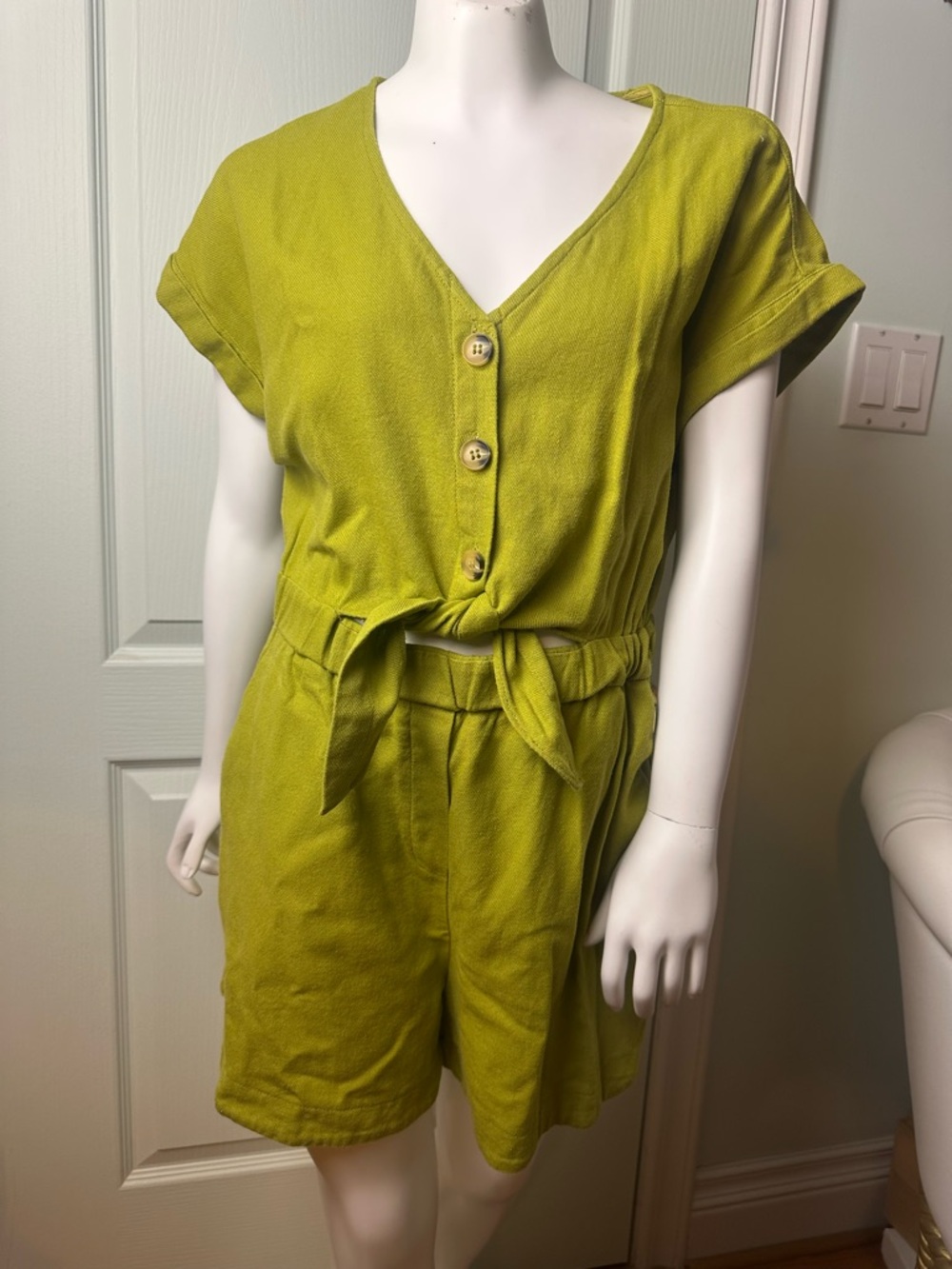 FRNCH Lime Green V-Neck Romper with pockets! Sz S